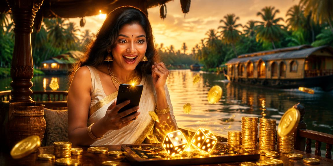Dice game scene along Kerala backwaters with rupee notes